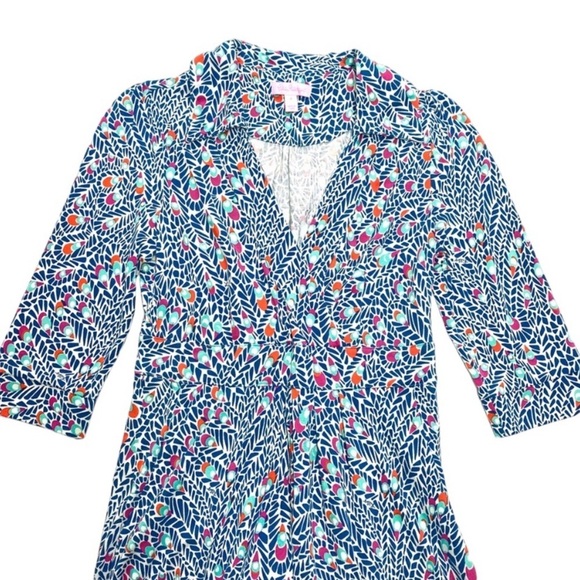 LILLY Pulitzer Feather Monogram Print Silk Stretch Flare Dress Teal Blue Size 4 - Picture 3 of 8